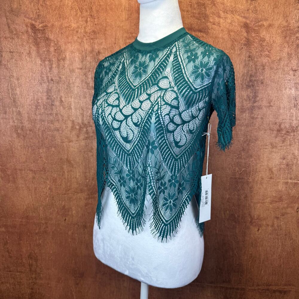 Anthropologie bishop +young XS genius lace tee scallop boho fringe GREEN Jasmine